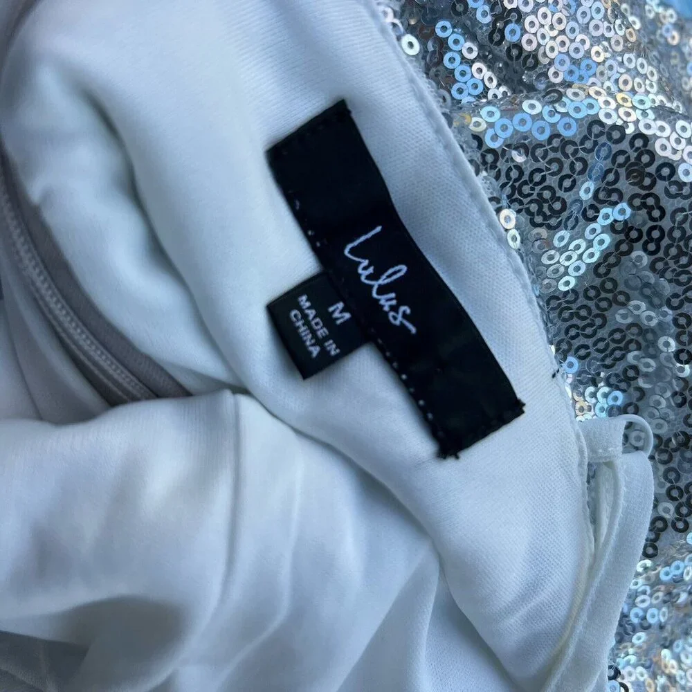 Lulu's Size M Silver Sequin Spaghetti Strap Party Mini Dress Draped V-Neck - Picture 6 of 6